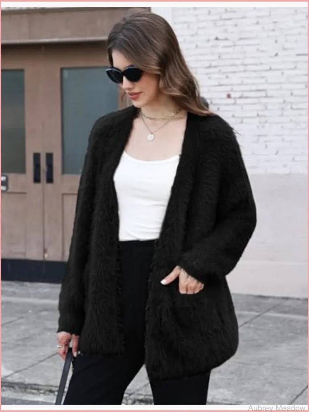 Fuzzy V-Neck Cardigan Sweater with Pockets Button Down Knit Coat